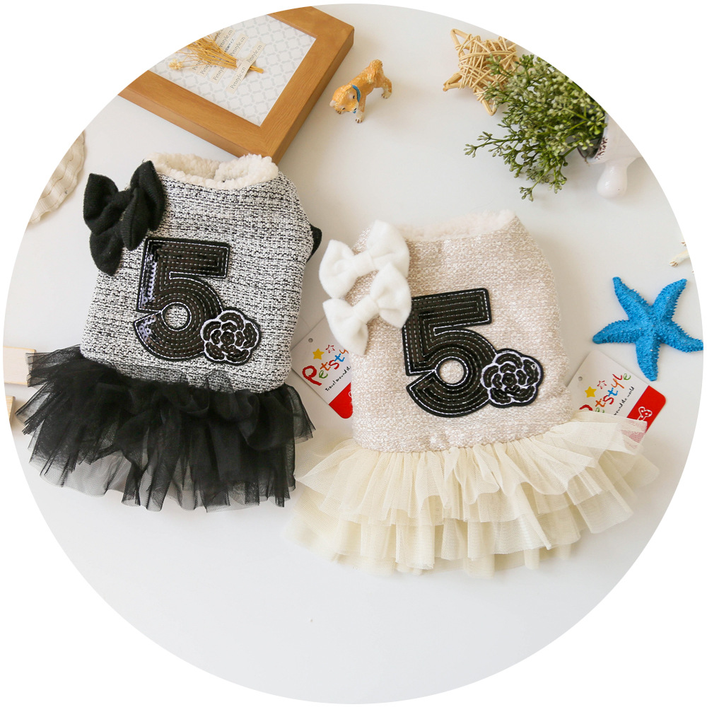 Petstyle cotton autumn and winter new style No. 5 double bow small fragrant cotton skirt pet clothes dog clothing