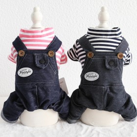 Petstyle autumn and winter new striped white label denim four-legged clothes pet clothes dog clothing