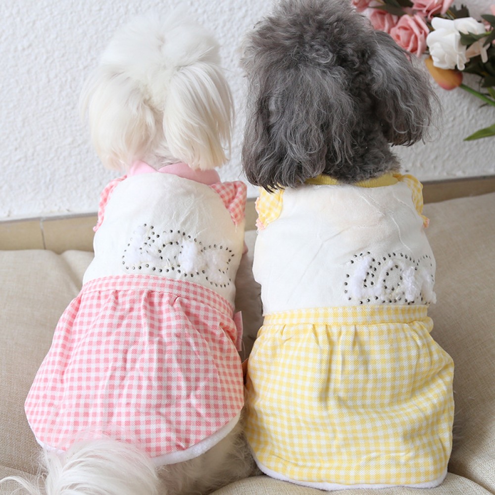 Autumn and winter clothing lattice rhinestone cotton skirt thick warm pet clothes dog clothing