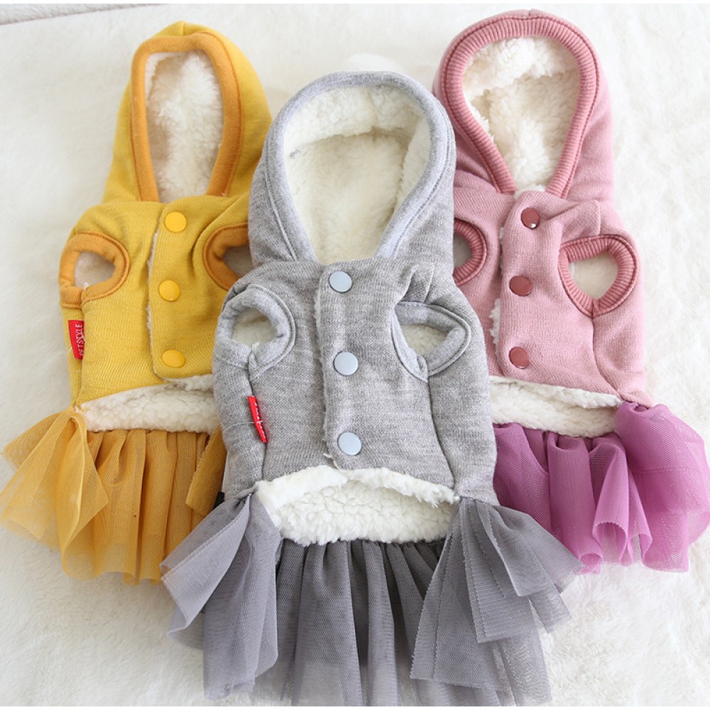Petstyle autumn and winter new three-color big fur ball hooded skirt pet clothes dog clothing