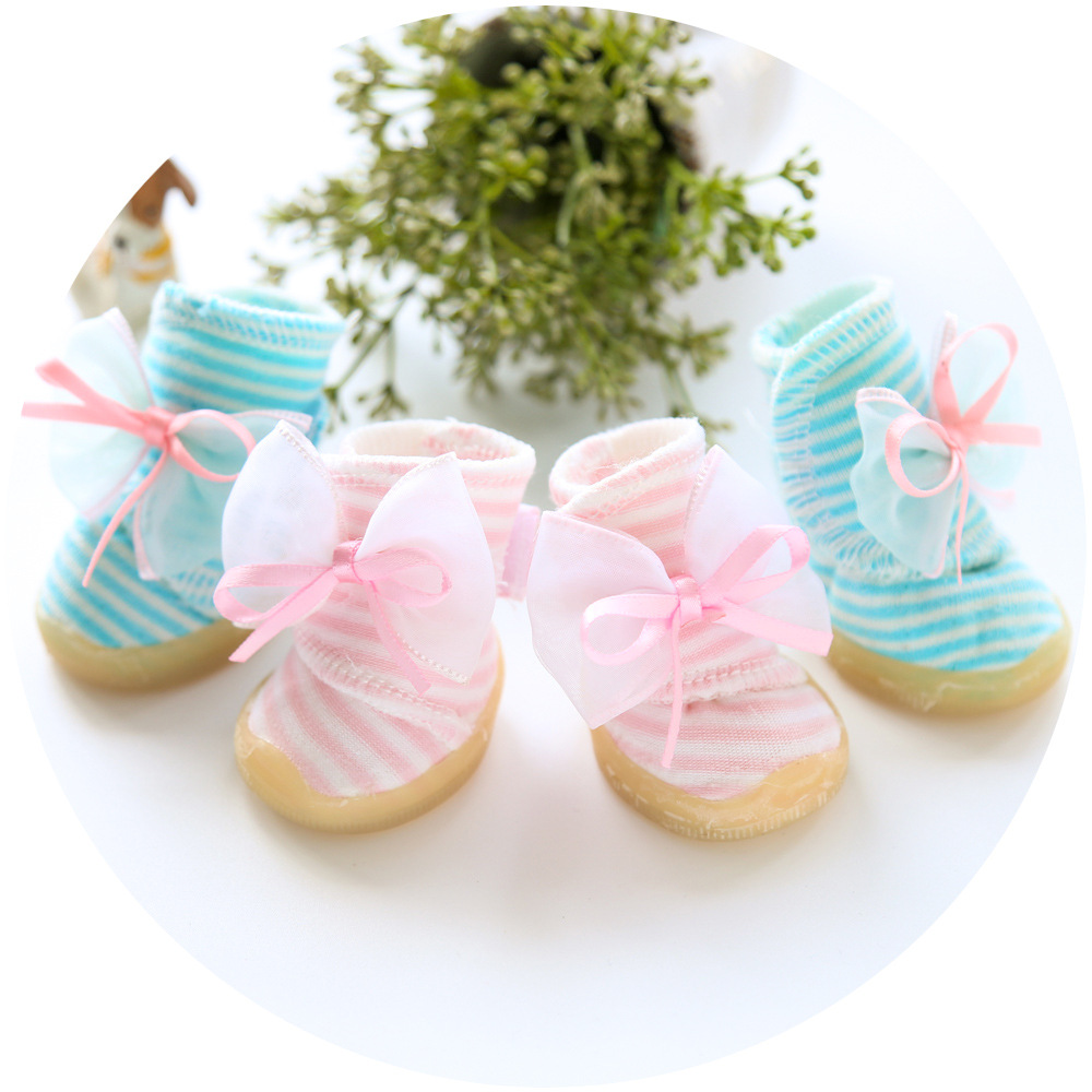 Petstyle New Fresh Bow Stripe Shoes Tendon Sole Shoes Pet Shoes Dog Shoes