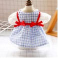 Teddy bear small and medium-sized dog pet dog dog cat spring and summer clothes bowknot red ribbon blue gingham skirt