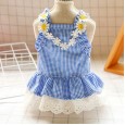 Pet clothes dog cat new summer dress flowers mini blue grid sun lace skirt