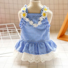 Pet clothes dog cat new summer dress flowers mini blue grid sun lace skirt