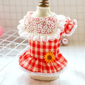 Pet spring and summer teddy bear clothes cat dog princess clothes lace lapel red plaid skirt