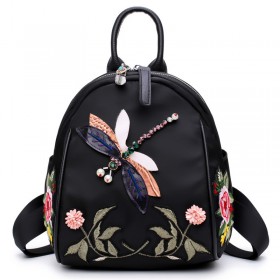 Spring and summer new flower embroidery backpack handmade rhinestone 3D dragonfly shoulder bag