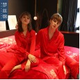 New spring and summer autumn male and female couple simulation silk pajamas silk short sleeve shorts home service suit
