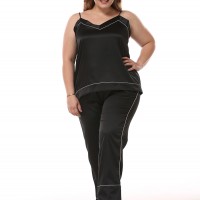 Add fertilizer plus size Ms. simulation silk pajamas silk suspenders trousers home V-neck casual two-piece suit DL