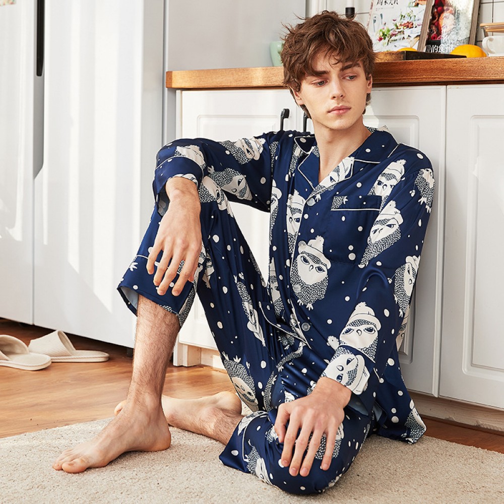 Artificial silk new men's spring and autumn summer long-sleeved trousers home service suit large size cute men's YT