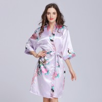 New mid-sleeved simulation silk pajamas bathrobes ladies silk spring and autumn summer silk single pajamas home service QL
