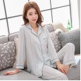 Spring and summer summer Korean women's pajamas two-piece suit long-sleeved artificial silk cardigan lapel home clothing can be worn outside