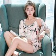 Women's Simulated Silk Thin Three-Piece Ice Silk Spring Autumn Summer Pajamas Silk Suspender Shorts Short Sleeve Suit Large Size