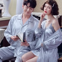 Lovers pajamas ladies summer Korean ice silk strap nightdress spring and autumn summer short sleeve trousers two-piece suit XA