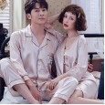 Lovers pajamas ladies summer Korean ice silk strap nightdress spring and autumn summer short sleeve trousers two-piece suit XA