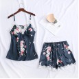 Spring and summer new simulation silk ladies cardigan lace robe mid-sleeved shorts nightgown ice silk printing four CP