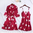 Spring and summer new simulation silk ladies cardigan lace robe mid-sleeved shorts nightgown ice silk printing four CP