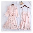 Spring and summer new simulation silk ladies cardigan lace robe mid-sleeved shorts nightgown ice silk printing four CP