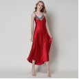 Spring and autumn summer simulation silk pajamas women's lace sexy V-neck long suspenders nightdress home service generation DL