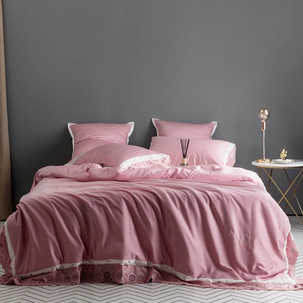 Pink Hollow Lace Solid Color 60 Long-staple Cotton Embroidery Four-Piece Simple Cotton Plain Plain Double Bedding