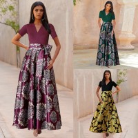 Spring and summer new women's skirt contrast color short-sleeved v-neck print dress dress