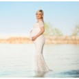 White sexy deep V-neck long-sleeved lace perspective tight-tailed long dress 8905