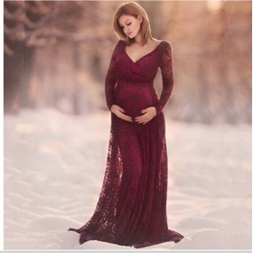 Pregnant woman sexy front panel deep V-neck long sleeve lace dress casual sexy evening dress 8981