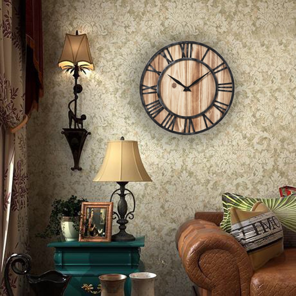 Personalized iron wood living room wall clock creative retro study bedroom clock fashion simple clock