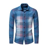 Plus size men's autumn and winter long-sleeved denim shirt plaid shirt 4