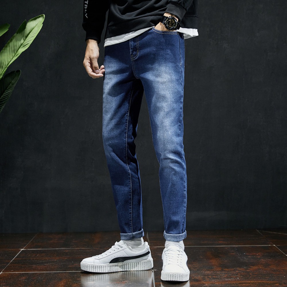 Spring clothes nine points pants new casual Korean pants trend sports men's feet elastic slim jeans