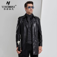 Medium men's eco-leather windbreaker mid-length Haining suit collar leather jacket men plus velvet leather coat