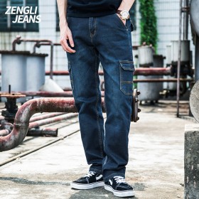 New multi-pocket straight tooling jeans men denim long pants outdoor casual loose overalls men