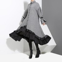 Spring new temperament women's cotton and linen dress loose ruffled shirt skirt 3073