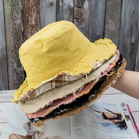 Japanese washed fold double-sided plaid burr fisherman hat wild small edge basin hat sun hat sun hat