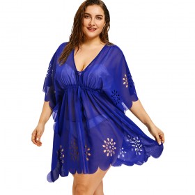 Summer new plus size women's sexy V-neck perspective bikini beach swimsuit coverall sunscreen