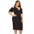 Summer new large size women's dress elastic suspenders V-neck solid color skirt