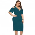 Summer new large size women's dress elastic suspenders V-neck solid color skirt