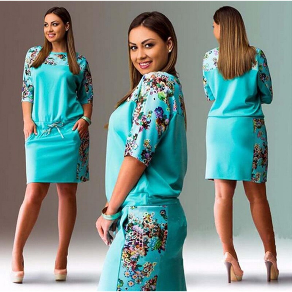 Hot summer new round neck mid sleeve digital printing waist large size fat MM women's dress