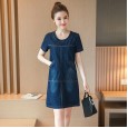 Korean version of the new summer women's plus size slim short-sleeved A-line denim dress female 98