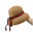 Retro French Hepburn wind big ribbon streamer lampshade straw hat beach beach holiday sunscreen shading big along hat