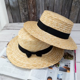 Small fresh straw hat flat top small bow wheat straw hat female beach Korean sunscreen sun hat