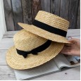 Small fresh straw hat flat top small bow wheat straw hat female beach Korean sunscreen sun hat