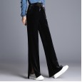 European station spring and autumn new gold velvet casual pants high waist split female loose plus velvet straight wide leg pants