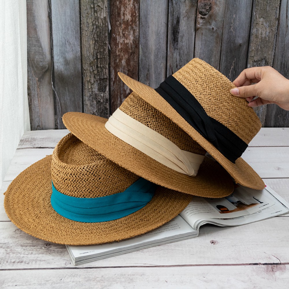 Temperament casual straw hat female summer seaside weave wide-brimmed flat-top straw hat sunscreen shade vacation