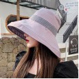 New style hat spring and summer female super large eaves fisherman hat contrast color striped sun hat double-sided with sun hat travel