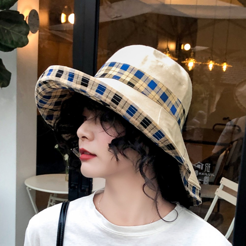 Summer new lattice double-sided wear small fresh fisherman hat female outdoor shade UV cloth hat