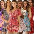 Women's New Dress Bohemian Swing V-neck Beach Holiday Lace Print Skirt