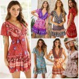 Women's New Dress Bohemian Swing V-neck Beach Holiday Lace Print Skirt
