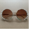 New ladies round fashion sunglasses trend temperament pearl embellished sunglasses metal frame sunglasses