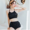 Wind swimsuit small chest high waist solid color split bikini fashion vacation hot spring bathing suit female two-piece suit