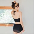 Wind swimsuit small chest high waist solid color split bikini fashion vacation hot spring bathing suit female two-piece suit